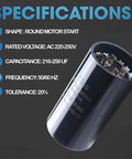 Specifications of 216-259 UF Round Motor Start Capacitor 220-250V 50/60 Hz AC, single-phase motor use