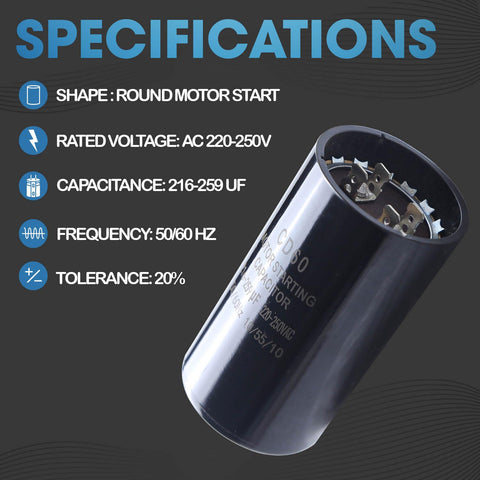 Specifications of 216-259 UF Round Motor Start Capacitor 220-250V 50/60 Hz AC, single-phase motor use