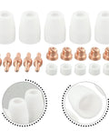 Premium 20-Pack Plasma Cutter Consumables For PT-31 Torch Nozzle Tips Electrodes showing white ceramic and copper parts.