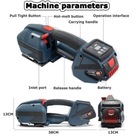 Heavy Duty Electric Strapping Tool Tensioner Cutter Binder For 1/2 To 5/8 Inch Steel Plastic Bands shown with buttons and battery.