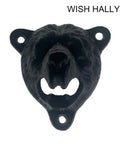 Badass Black Cast Iron Wall Mounted Bottle Cap Opener Featuring Savage Grizzly Bear Teeth Bite Style, front view.