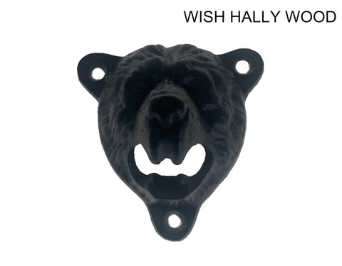 Badass Black Cast Iron Wall Mounted Bottle Cap Opener Featuring Savage Grizzly Bear Teeth Bite Style, front view.