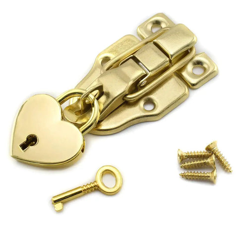 Antique Cabinet Duckbilled Toggle Hasp Latch And Heart Shaped Padlock Kit Gold Finish with screws and key for jewelry boxes