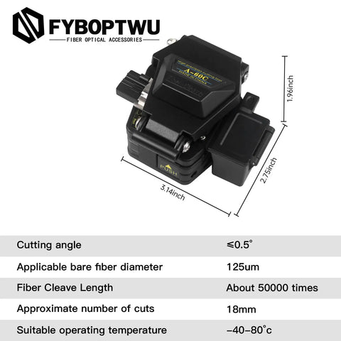 Three In One FTTH Fiber Cleaver With Auto Scrap Collector, black portable metal cutter dimensions and cutting details.