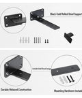 Invisible Shelf Brackets For Floating Shelves In Black Steel Hidden Support System No Visible Hardware For 1.2 To 1.5 Inch Wide Shelves One Piece Easy Install top and side views with mounting hardware shown