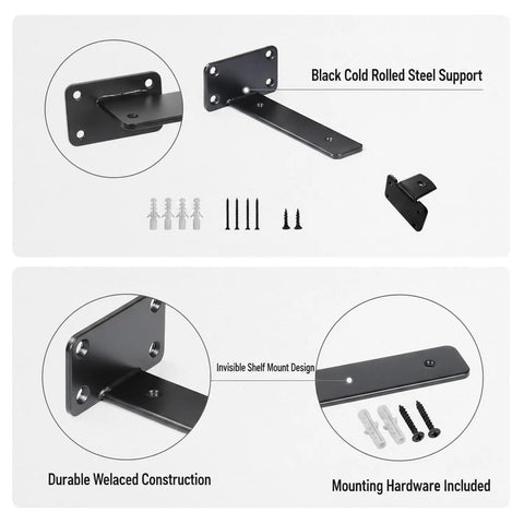 Invisible Shelf Brackets For Floating Shelves In Black Steel Hidden Support System No Visible Hardware For 1.2 To 1.5 Inch Wide Shelves One Piece Easy Install top and side views with mounting hardware shown
