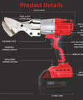 Cordless Metal Cutter With Rotating Head, Heavy Duty 221 Ft Lbs Torque Metal Shears, illustrated features, and dimensions