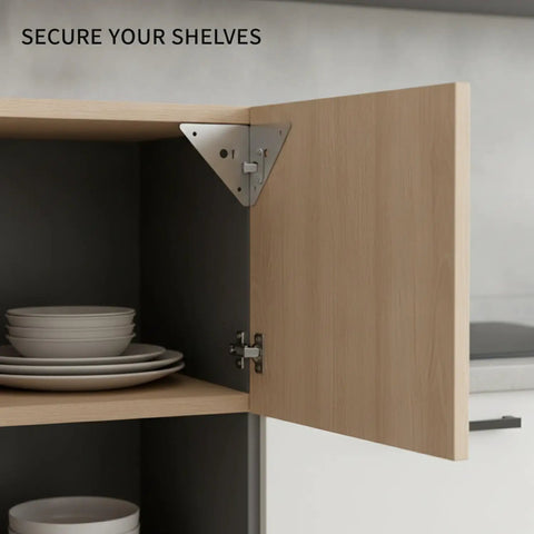 Beefy Stainless Steel Heavy Duty Corner Brace Triangular L Bracket with screws reinforcing kitchen cabinet shelf