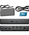 Next Level Thunderbolt 5 Docking Station For Triple 4K 120Hz Displays Offering Killer Bandwidth And A Ridiculously Smooth Plug And Play Setup In A Dope Black Matte Finish with ports and cables laid out.