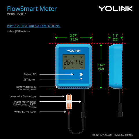FlowSmart 0.75 Inch Smart Home Water Meter With Leak Detection And Real Time Usage Alerts No Hassle Hub Included For Easy Remote Monitoring And Detailed Water Consumption Reports, front and side view