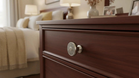 Kick Up Your Cabinet Game With These Premium Brushed Satin Nickel Round Knobs, 10 Pack, showcasing delicate filigree cutouts on a drawer.