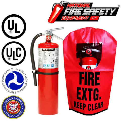 Dead On 10Lb Class ABC Fire Extinguisher Stowed In Heavy Duty Cover And Bold Wall Sign UL Certified with safety seals.