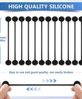Cord Organizer And Cable Ties Set With Super Handy Magnetic Clips, 12-Pack reusable silicone twist ties in black displayed stretched.