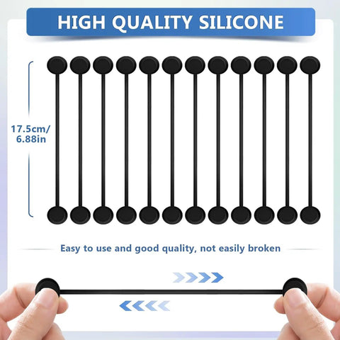 Cord Organizer And Cable Ties Set With Super Handy Magnetic Clips, 12-Pack reusable silicone twist ties in black displayed stretched.