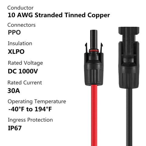 20 Feet 10 AWG Solar Panel Extension Cables With Pre Fitted Connectors Red And Black 30A DC 1000V IP67 specifications