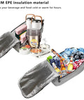 Waterproof Insulated Bike Rack Bag With 8 Liter Capacity For Bicycle Trunk Storage Keeps Your Drinks Chill And Snacks Crisp On Legendary Weekend Cruises Featuring Glowing Reflective Stripes For Safe Night Rides with 5mm EPE insulation showing various food and drinks inside.