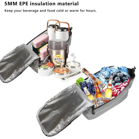 Waterproof Insulated Bike Rack Bag With 8 Liter Capacity For Bicycle Trunk Storage Keeps Your Drinks Chill And Snacks Crisp On Legendary Weekend Cruises Featuring Glowing Reflective Stripes For Safe Night Rides with 5mm EPE insulation showing various food and drinks inside.