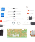 Components for Built Tough LM317 Adjustable Regulated Power Supply Kit including resistors, capacitors, and circuit board.