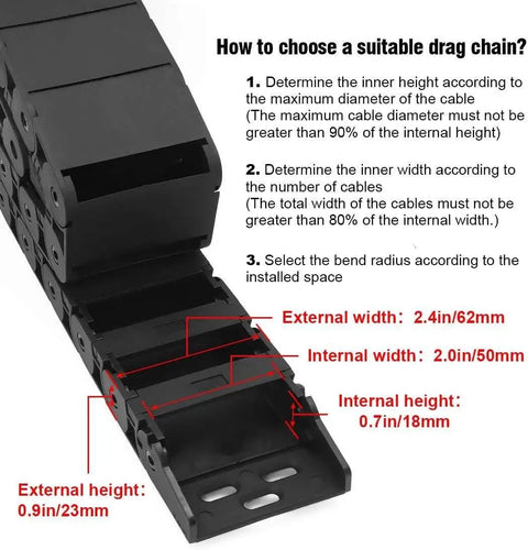 Diagram of 1 Meter Black Plastic Cable Drag Chain With R38 Bend Radius And 18x50mm Inner Size, showing measurement details.
