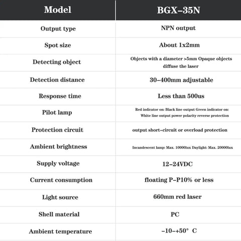 BGX-35N specifications for NPN Photoelectric Sensor For Diffuse Reflective Detection, 2MM Spot Size, LED Display, Adjustable Range