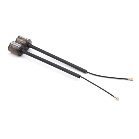 Beefed Up 5.8G LHCP Antenna With High Gain 2.8dBi For FPV Drones IPEX1 Connector Omnidirectional Circularly Polarized Mini Antenna Easy Install Works With DJI O4 Air Unit Pro For FPV Racing Drone, showing two black cylindrical antennas with long cables and gold connectors.