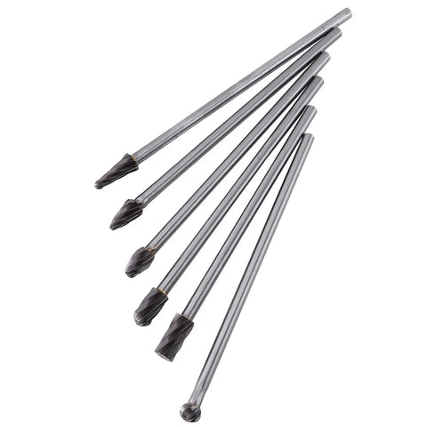 Badass Six Piece Tungsten Carbide Rotary Bit Set, Knuckle Buster Port And Polish Kit For Cylinder Heads, 6Mm Shank milling bits arranged.
