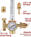 Front view of brass welding gas regulator with flowmeter and pressure gauge, gold finish, with multiple fittings