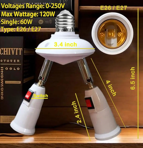 Two Bulbs In One Socket E26 E27 Adjustable Light Socket Splitter With 360 Degree Rotation And 180 Degree Bend 0 To 250V Compatible LED Bulb Adapter For Easy Flexible Lighting Setup