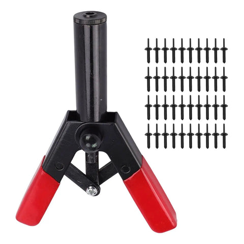 All In One Plastic Rivet Gun Kit With 41 Piece Assorted Rivets And Fastener Remover For Auto Body Repairs Home Furniture Assembly And Electronics Projects A Handy Diy Fix It Tool For Any Job, showing gun and rivets.