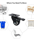 8 Pack 2 Inch Heavy Duty Swivel Plate Caster Wheels With Double Brake And PU Foam No Noise, shown with furniture and trolley uses