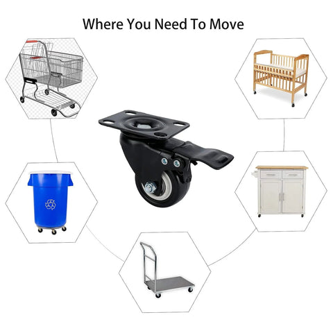 8 Pack 2 Inch Heavy Duty Swivel Plate Caster Wheels With Double Brake And PU Foam No Noise, shown with furniture and trolley uses