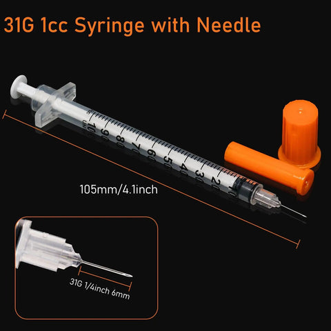 Top Notch 1cc Syringe With Needle 31G 1/4 Inch 6mm Sterile Pack Of 100 For Precise Dosing, Smooth Electro Polished Needle, Easy To Use, Medical Grade, Eco Friendly And Safe.