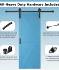 Blue heavy duty sliding barn door kit with five foot track, 350 lb capacity, includes handles, floor guide, and lock set.