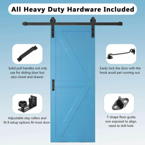 Blue heavy duty sliding barn door kit with five foot track, 350 lb capacity, includes handles, floor guide, and lock set.