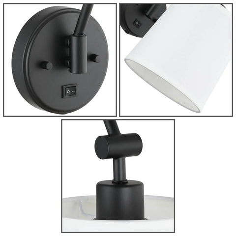 Close-up of Set Of 2 Modern Matte Black Wall Sconces With White Fabric Shade Easy On Off Switch Hardwired Or Plug-In