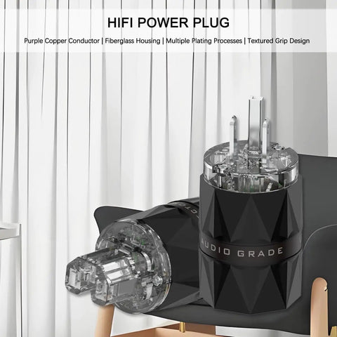 Top Shelf HiFi Power Plug Featuring Rhodium Plated Copper Non Magnetic Pins And Rock Solid Iec C15 Connector Designed For Heavy Duty Diy Audiophile Cables Delivering Clean Audio, showing purple copper and textured grip.