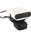 Compact battery operated car heater for fast windshield defrost; features 360 design, two heat settings, and USB ports.