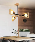Slick Modern Metal Five Light Ceiling Pendant With E27 Socket Bulb Compatibility For Living Spaces And Dining Areas Heavy Duty Hanging Fixture with wood accents.