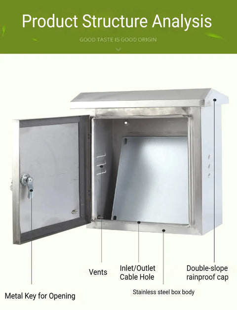 Durable 304 Stainless Steel Electrical Box And Junction Enclosure Built To Last And Tough As Nails Weatherproof Outdoor Cable Box With Burr Free Edges Corrosion Resistant Housing Protective Covers For Harsh Environments open door view with vents and cable hole