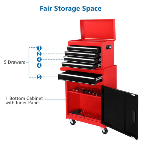 Five Drawer Rolling Tool Chest With Lockable Wheels Detachable Top And Adjustable Shelf Plus Bottom Cabinet For Heavy Duty Garage Workshop Shop And Warehouse Tool Organizer, red steel open