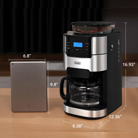 Front view of a 10 Cup Drip Coffee Maker With Built-In Burr Grinder And Programmable Timer For Fresh Ground Coffee, Black