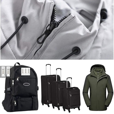 143 Piece Zipper Repair Kit With Install Plier For Bags Jackets Tents Backpacks Sleeping Bags Includes Nylon Coil Sliders And Metal Zippers For Quick DIY Repairs On The Go; close-up of zipper on jacket.