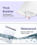 Large 10.5x16 Inch Poly Bubble Mailers With Self Seal Air Lined Cushioned Envelopes shown with thick bubbles and waterproof feature.