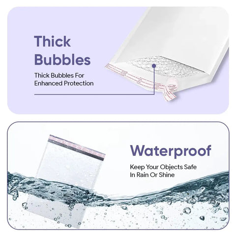 Large 10.5x16 Inch Poly Bubble Mailers With Self Seal Air Lined Cushioned Envelopes shown with thick bubbles and waterproof feature.