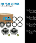 Front Wheel Bearing And Hub Assembly Kit For Subaru Impreza Forester Outback Baja Legacy 1990-2007 8 Piece Set Includes 2 Front Bearings 2 Front Hubs And 2 Front Inner And Outer Seals shown with packaging and parts