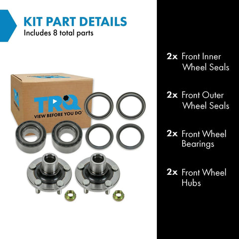 Front Wheel Bearing And Hub Assembly Kit For Subaru Impreza Forester Outback Baja Legacy 1990-2007 8 Piece Set Includes 2 Front Bearings 2 Front Hubs And 2 Front Inner And Outer Seals shown with packaging and parts