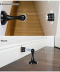 Heavy Duty Magnetic Door Stop Set, 2 Pack, Stainless Steel Black Finish, No Drill Adhesive Door Stops For Wall Or Floor Mount, strong tape, keeps doors open, protects walls from slams.