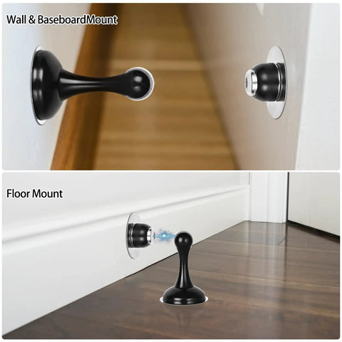 Heavy Duty Magnetic Door Stop Set, 2 Pack, Stainless Steel Black Finish, No Drill Adhesive Door Stops For Wall Or Floor Mount, strong tape, keeps doors open, protects walls from slams.