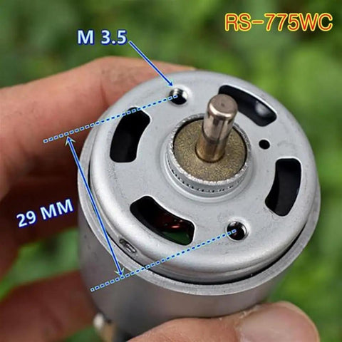 Dc Motor For Power Tools And Drill 12V 24V High Speed High Torque With RS 755 WC 8017 8514 9012 Motors Ideal For Electric Drills Circular Saws And Garden Tools Beefy Torque 200W Power, close-up showing top view with measurements