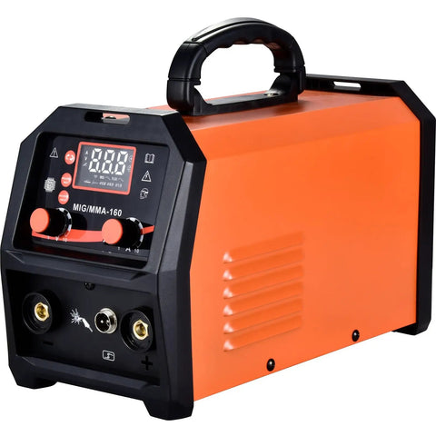 Front view of Dual Voltage 160A MIG Welder 110V 220V 4 In 1 Welding Machine with control panel and handle